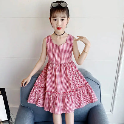 Backless Plaid Skirt Dresses Girls From 8 To 14 Years Holiday Dress 2025 Sets for Children Teen Girl Clothes Kid's Elegant Pink