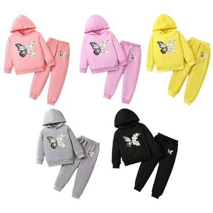 Kids Soft Casual Workout Outfit Girls Cute Butterfly Print Outfit Tracksuit Long Sleeves Hoodie with Pants Outdoor Sports Wear