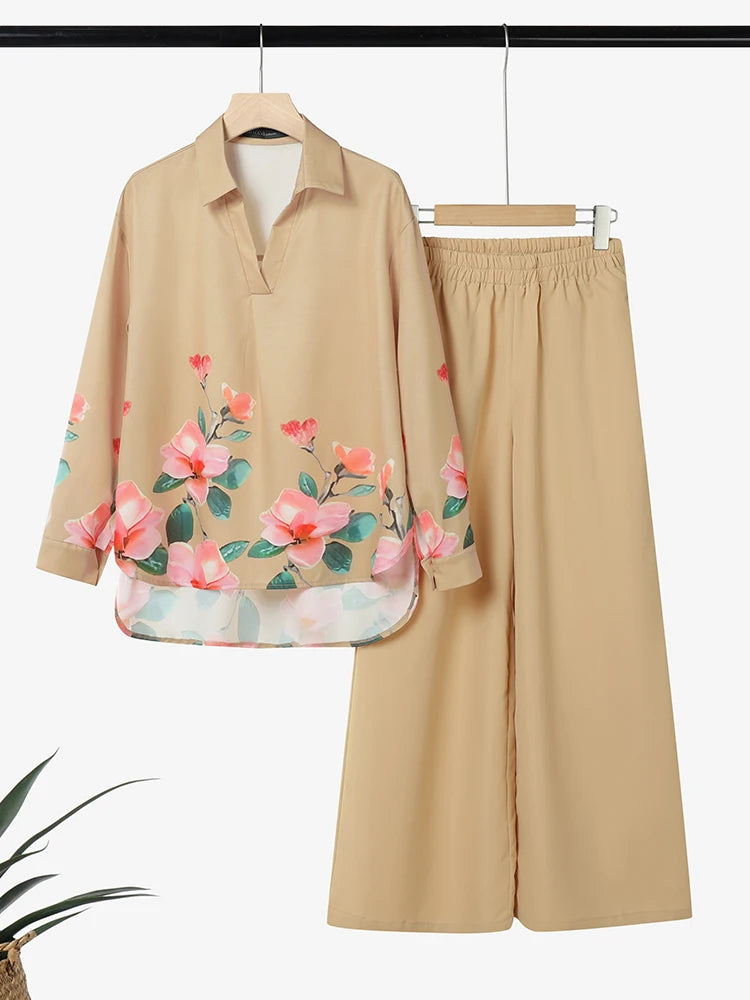 ZANZEA 2025 Autumn Outfits Women Stylish Printed Matching Sets Casual Long Sleeve Tops Wide Leg Pant Sets Fashion Work Tracksuit