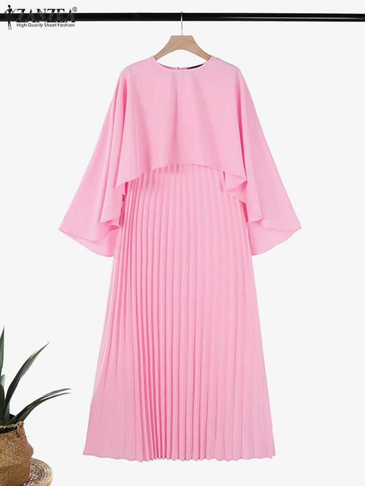 ZANZEA Spring Solid Party Work Dress Sets 2pcs Women Outfits Fashion Poncho Blouse Pleated Sundress Elegant Loose Matching Sets