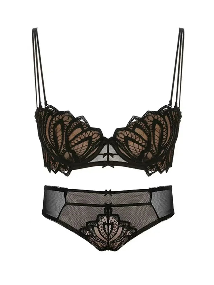 Women's Sexy Half-Cup Bra 1/2 Cup Gathering Soft Steel Ring Push-Up Lace Comfortable Underwear Set 8CM