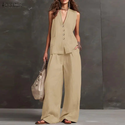 2026 ZANZEA Summer Elegant V Neck Sleeveless Tanks Tops Pant Sets Women 2 Pieces Sets Stylish Solid OL Work Outfits Tracksuit