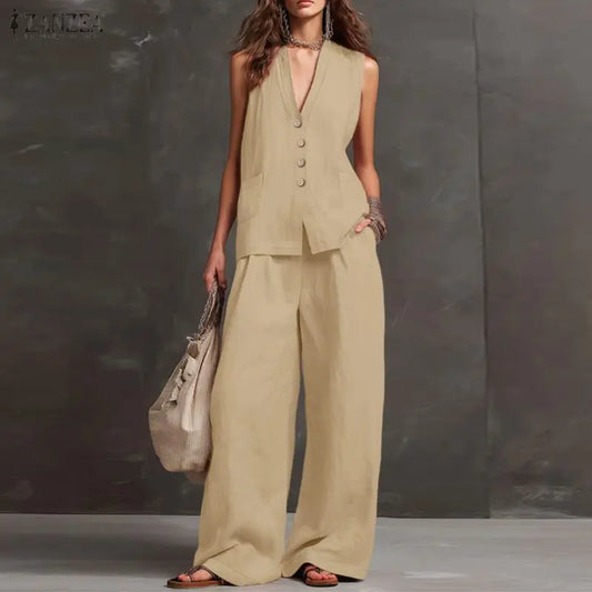 2026 ZANZEA Summer Elegant V Neck Sleeveless Tanks Tops Pant Sets Women 2 Pieces Sets Stylish Solid OL Work Outfits Tracksuit