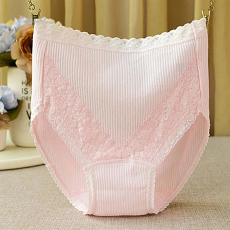 Women High-Waist Cotton Underwear Breathable Seamless Lace Trim Comfortable  Panties