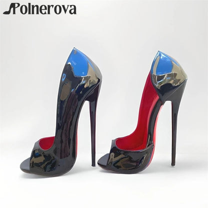 16cm Peep Toe Pumps Sexy Super High Heeled Women Shoes Black Patent Leather Red Lining Fashion Stilettos Handmade Customization