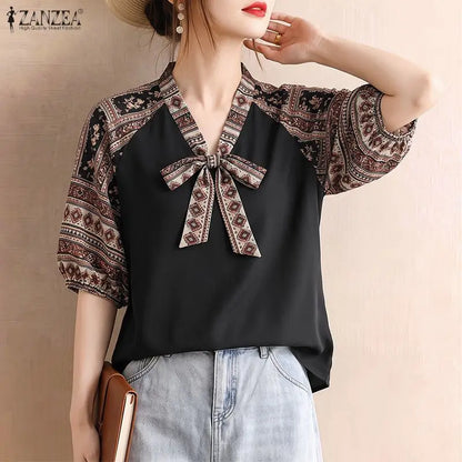 ZANZEA Bohemian Printing Patchwork Blouses Woman Elegant Tie Neck Lantern Sleeves Loose Tops Summer Casual Daily Wear Blusas