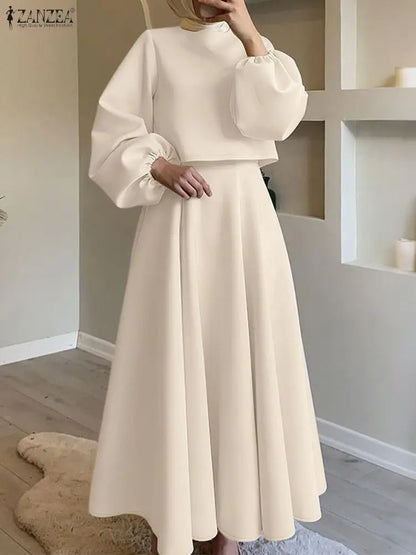 ZANZEA Spring Elegant Long Sleeve Dress Sets Stylish Women 2 Piece Sets Office Outfits Solid Cropped Blouse Skirt Tracksuit 2026