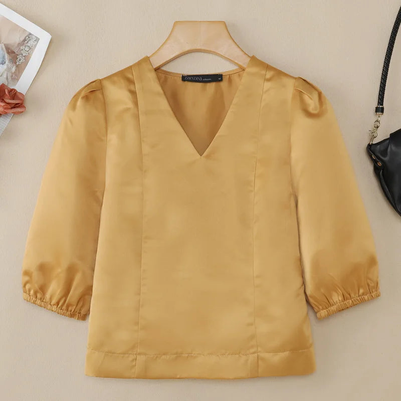 ZANZEA Women's Elegant Satin Short Blouses Summer 3/4 Lantern Sleeves V-Neck Tops Sophisticated Solid Color Blusas de Mujer