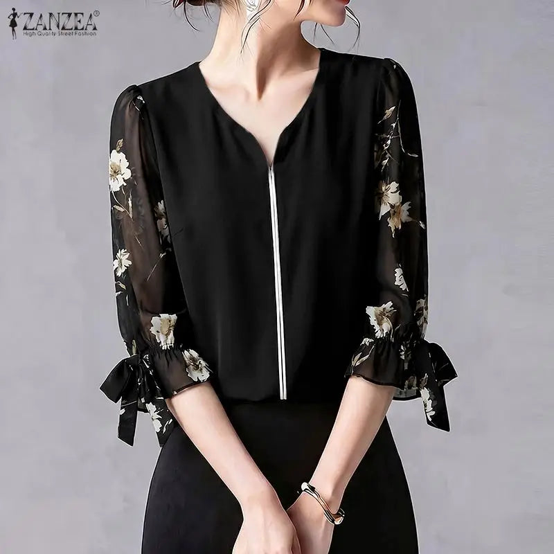 ZANZEA Womens Sophisticated Elegant Blouses Floral Printed 3/4 Puff Sleeve Casual Tops Summer V-Neck Pullover Blusas de Mujer