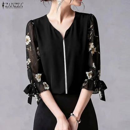 ZANZEA Womens Sophisticated Elegant Blouses Floral Printed 3/4 Puff Sleeve Casual Tops Summer V-Neck Pullover Blusas de Mujer