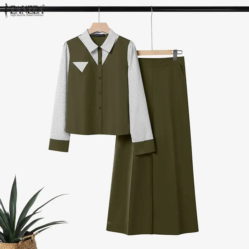 ZANZEA Autumn Stripe Patchwork Long Sleeve Blouse Wide Leg Pants Sets Women Muslim Two Piece Suit Elegant Modest Ramadan Outfits
