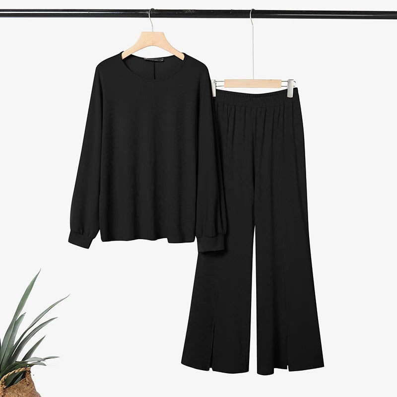ZANZEA Plus Size-Women's Ribbed Knit Pant Suits Long Sleeve Tops & Slit Hem Wide-Leg Pants 2 Pieces Sets Cozy Loose Outfits 5XL