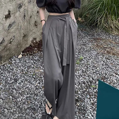 Casual Chic Wide Leg Pants Women Office Pocket Pleated Lace-up High Waist Trousers Fashion 2026 Spring Autumn Streetwear Pants