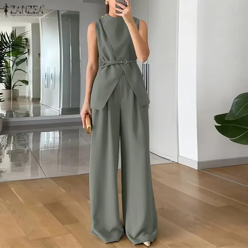 2026 ZANZEA Fashion Summer Pant Sets Sleeveless Tank Tops Trousers Women 2 Piece Sets Elegant Solid OL Work Outfit Without Belt