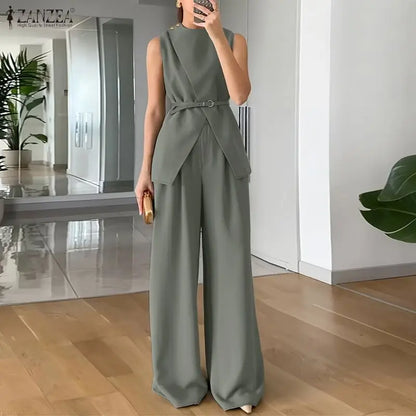2026 ZANZEA Fashion Summer Pant Sets Sleeveless Tank Tops Trousers Women 2 Piece Sets Elegant Solid OL Work Outfit Without Belt
