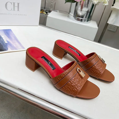 Women's Luxury Black Red Mule Sandals CH Brand Embossed Leather Upper Metal Lock Buckle Design Block Heel Slides for Daily Wear