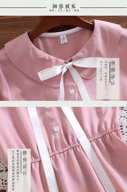 2026 Summer Peter Pan Collar Kids Girls A-LINE Short Sleeve Princess Teenager Bow Striped Dresses JK Student 4 8 9 10 12 14 Year