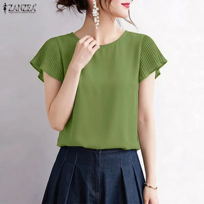 ZANZEA Woman Daily Casual Blouses Pleated Cap Sleeves Round Neck Solid Color Regular Fit Tops 2026 Summer Commute Work Blusas