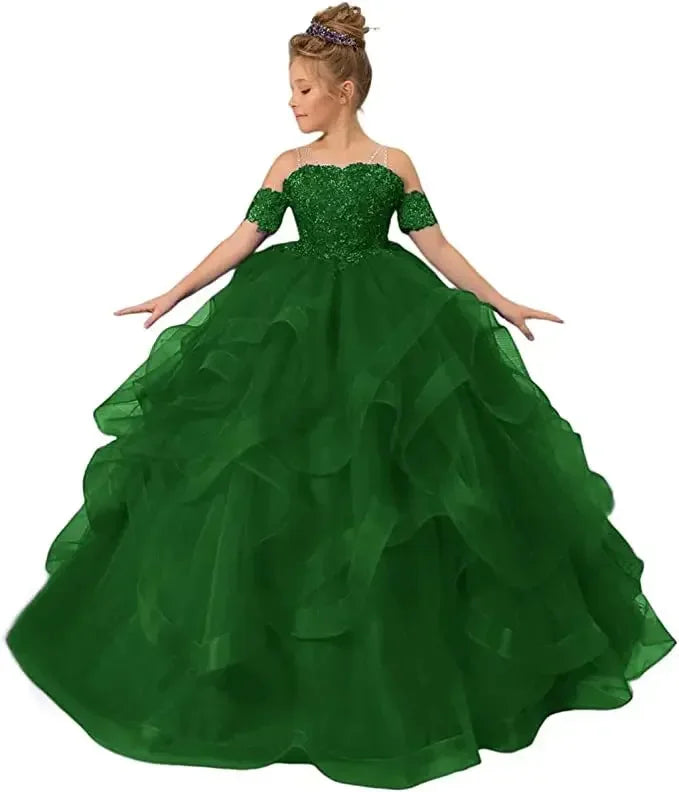 Dress for girls Party Flower Kids Ball Gown Tulle Off Shoulder Children Birthday Wedding Dresses First Communion Gown Clothing