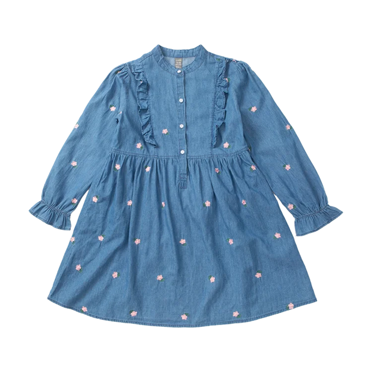 2026 Spring Autumn New 3 4 6 8 10 12 Years Embroidery Flower Long Short Sleeve Double Use Denim Blue Kids Girl Dress With Belt