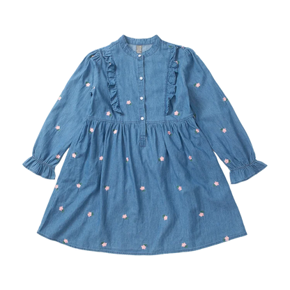 2026 Spring Autumn New 3 4 6 8 10 12 Years Embroidery Flower Long Short Sleeve Double Use Denim Blue Kids Girl Dress With Belt