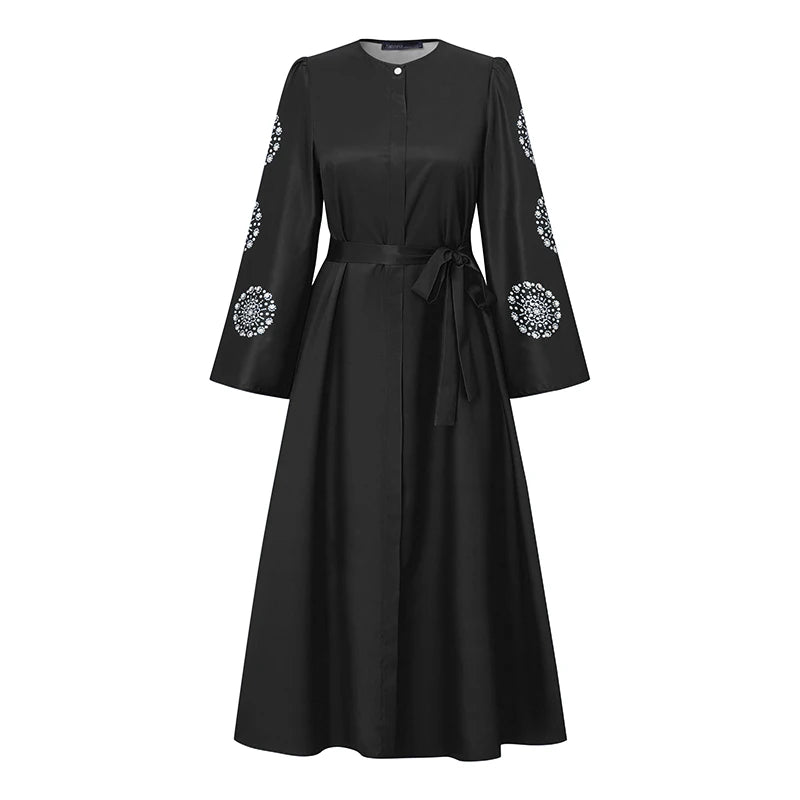 ZANZEA Fashion Women Long Sleeve Muslim Abaya Dresses Floral Printed Dress IsIamic Robe Casual Kaftan Belted Vestidos Ramadan
