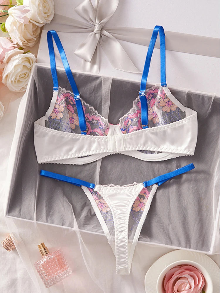 Women's Lingerie Sweet Floral Embroidered Lingerie Set Underwire Push Up Bra Panties Sets Elegant Mesh Underwear Soft Intimate