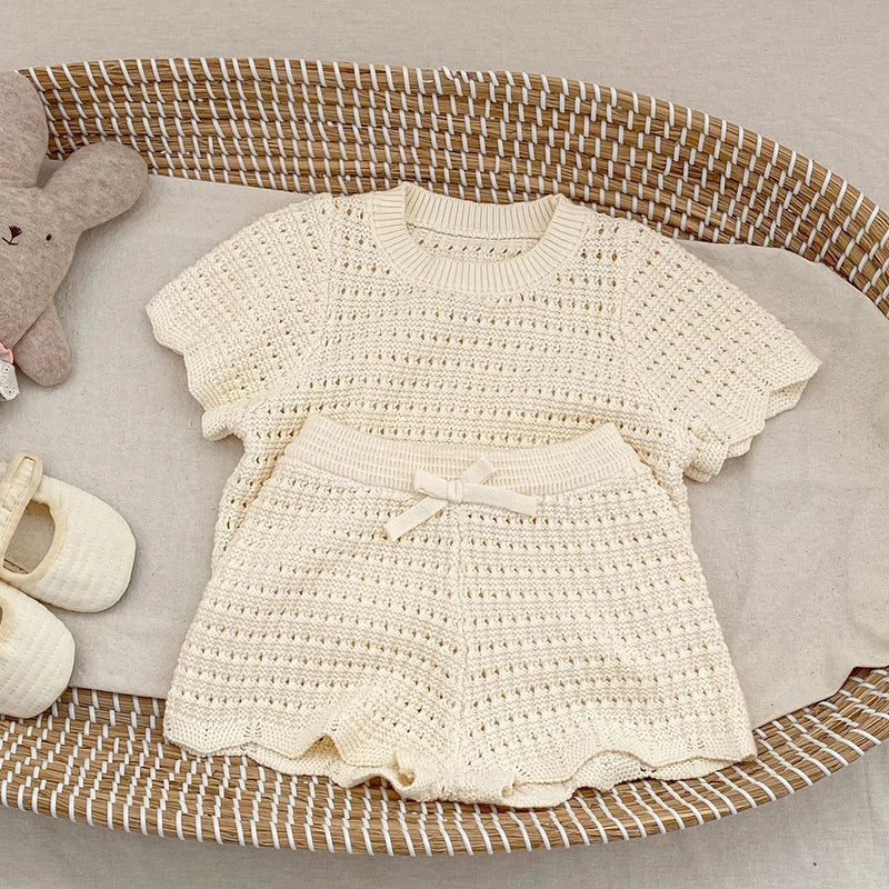 2026 New Summer 0-6Yrs Children Clothes Suit Short Sleeved Solid Color Knitted Pullover+Shorts Newborn Baby Girls Clothing Set