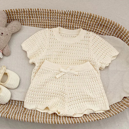 2026 New Summer 0-6Yrs Children Clothes Suit Short Sleeved Solid Color Knitted Pullover+Shorts Newborn Baby Girls Clothing Set