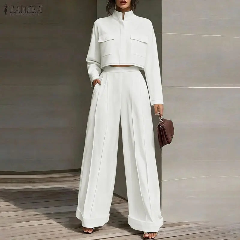 ZANZEA 2026 Spring Outfits Stand Neck Long Sleeve Tops Pant Sets Stylish Solid OL Work Tracksuit Women 2 Piece Sets Streetwear