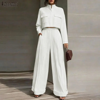 ZANZEA 2026 Spring Outfits Stand Neck Long Sleeve Tops Pant Sets Stylish Solid OL Work Tracksuit Women 2 Piece Sets Streetwear