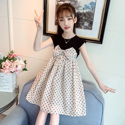 Sweet Polka Dot Midi Dress for Baby Girls Summer Clothes Girl's Elegant Dresses Children 7 8 Years Women's Cotton Linen 9 10 Kid
