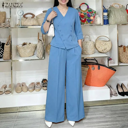 ZANZEA Fashion Women V Neck 3/4 Sleeve Blouse Wide Leg Trousers Two Pieces Pant Sets Casual OL Work Suit Solid Matching Sets
