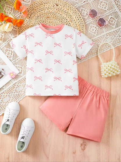 Girls Summer Outfit Butterfly Knot Print Short Sleeve Shorts Set Cute Fashionable Child Ensemble for Girls