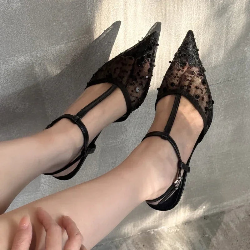 Sexy Pointy Toe Mesh Heeled Sandals Women Luxury Bling Decorated High Heels Elegant T-Strap Ankle Strap Buckle Party Dress Shoe