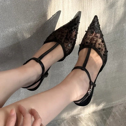 Sexy Pointy Toe Mesh Heeled Sandals Women Luxury Bling Decorated High Heels Elegant T-Strap Ankle Strap Buckle Party Dress Shoe