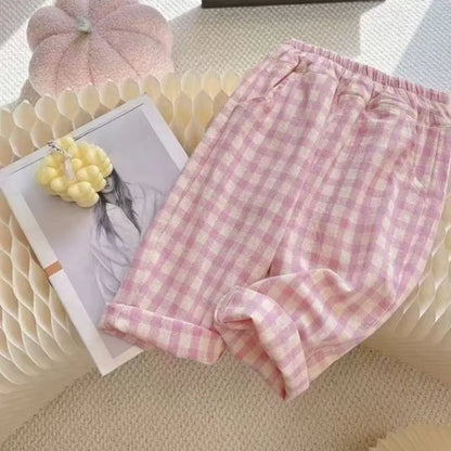 Girls' Thin Cotton Checkered Summer Pants Breathable Outdoor Straight Leg Wide Leg Mosquito Repellent Pants