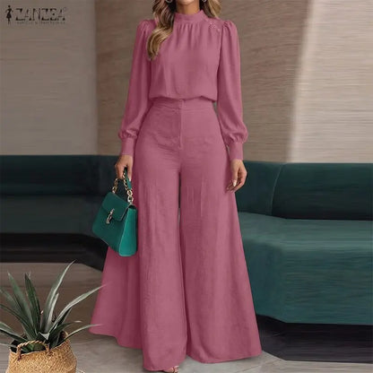 ZANZEA Women Crinkled Fabric 2-Piece Pant Sets Mock Neck Blouse & Wide Leg Pant 2pcs Matching Sets Minimalist Commute Outfits