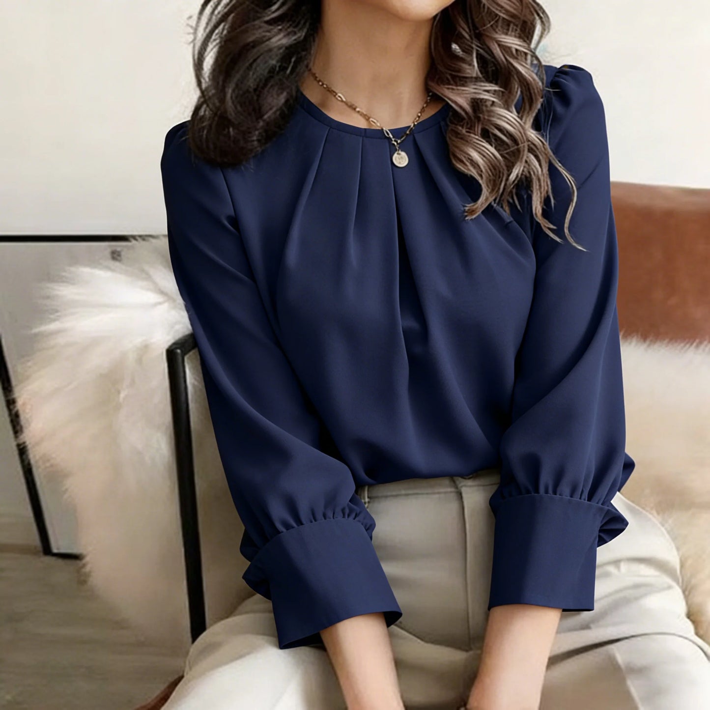Women's Blouse Round Neck Long Sleeve Tops Solid Pleated Loose Tops Elegant Blouse Spring Summer Casual Blouse Office Light Tops