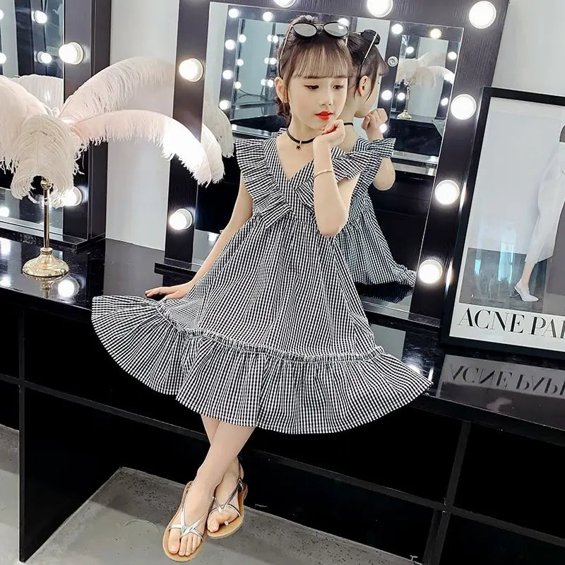 Preppy Cotton Dress 2025 Children's Clothing Elegant Dresses Girl Sets Birthday Summer Clothes Elementary Student Beach Girls