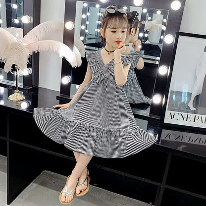 Preppy Cotton Dress 2025 Children's Clothing Elegant Dresses Girl Sets Birthday Summer Clothes Elementary Student Beach Girls