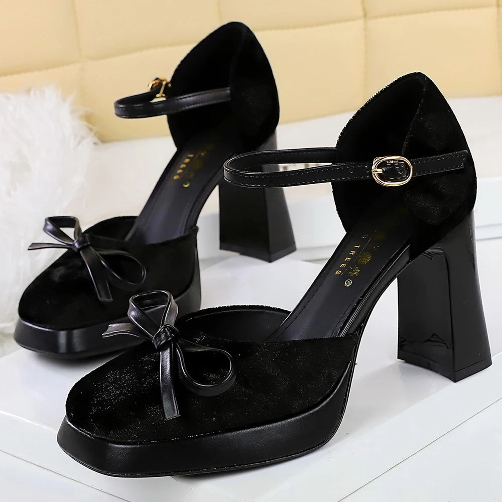 BIGTREE Shoes Suede Women Pumps Thick Heeled Shoes With High Heels Bowknot Platform Heels 9 CM Buckle High-heeled Sandals Summer