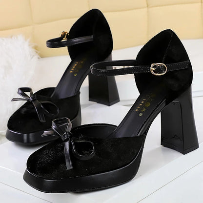 BIGTREE Shoes Suede Women Pumps Thick Heeled Shoes With High Heels Bowknot Platform Heels 9 CM Buckle High-heeled Sandals Summer