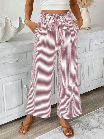 Spring Summer New High Waist Straight Leg Pants Women, European Stripe Wide Leg Trousers, Office Casual Paper Bag Pants, Loose F
