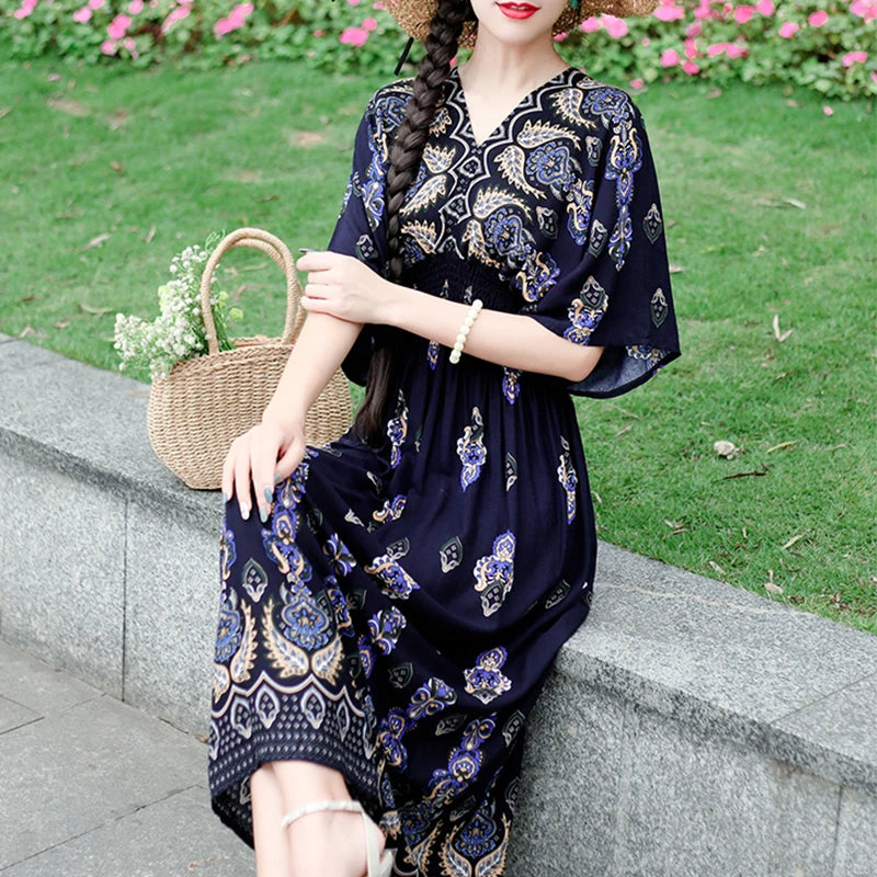Women Bohemian Ethnic Printed Holiday Dress V-Neck Elastic Waist Casual Batswing Sleeve Mid Dress Elegant Vintage Retro Dress