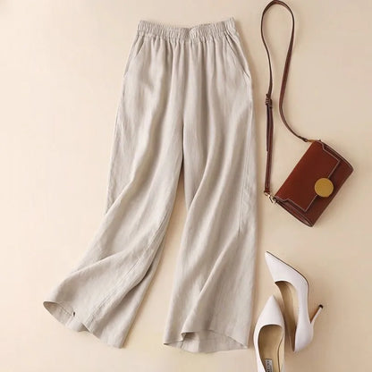 Women Cotton Linen Wide Leg Pants Female Summer Pants Full Length Casual Pants Fashion Solid Loose High Waist Straight Trousers