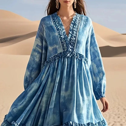 Women Tie Dye Maxi Dress Deep V Neck Ruffle Trim Lantern Long Sleeve Tiered Ruffle Swing Flowy Boho Beach Holiday A-Line Dresses