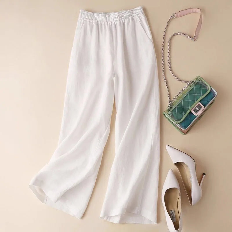 Cotton Linen Wide Leg Pants Women Summer New Loose Straight Nine Points Thin Casual Big Foot Pants High Waist Pocket Detail