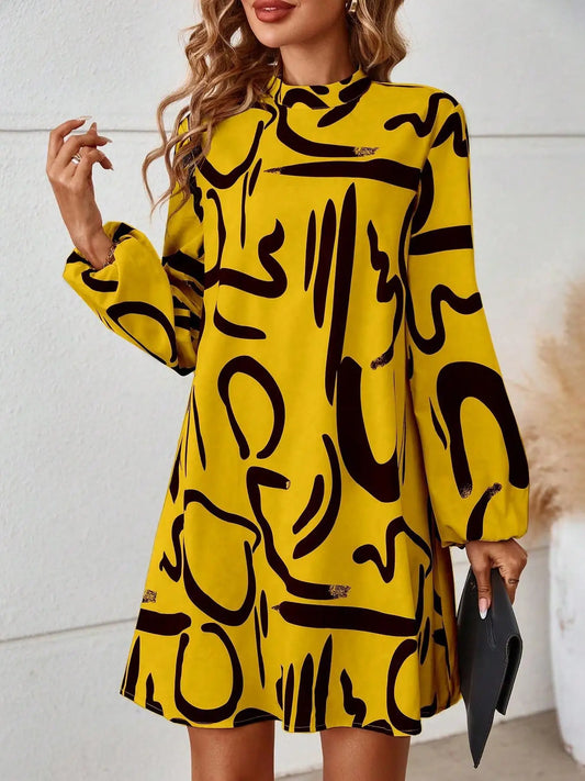 Women's All Over Print Keyhole Neckline Tunic Dress, Sleeve Short Dress for Fall & Winter, Women's Clothing for Daily Wear