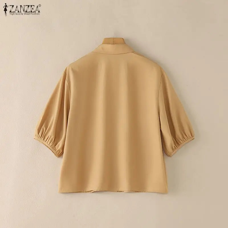 ZANZEA 2026 Woman Half Lantern Sleeves Blouses Casual Turn-Down Collar Button Up Shirts Spring Summer Solid Color Commute Tops